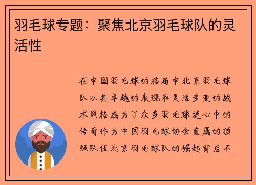羽毛球专题：聚焦北京羽毛球队的灵活性