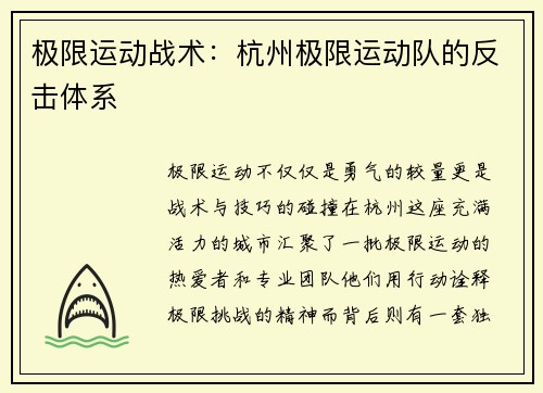 极限运动战术：杭州极限运动队的反击体系
