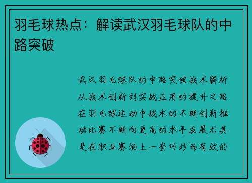 羽毛球热点：解读武汉羽毛球队的中路突破
